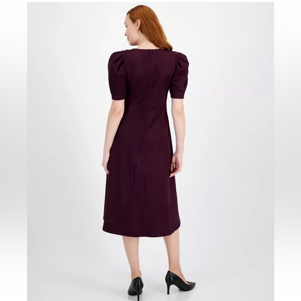 Anne Klein Short Puff Sleeve Faux Suede Fall Midi Dress Womens 12 Plum Purple - Picture 3 of 16